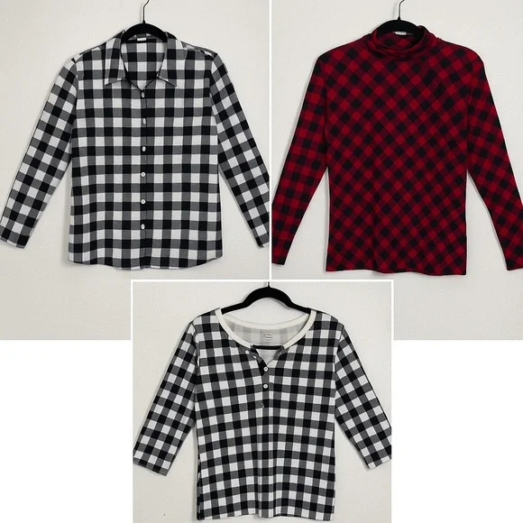 Bundle of 3 Plaid Kim Rogers Lee Rider Tops Long Sleeve 3/4 Sleeve Size Lg - Picture 1 of 15